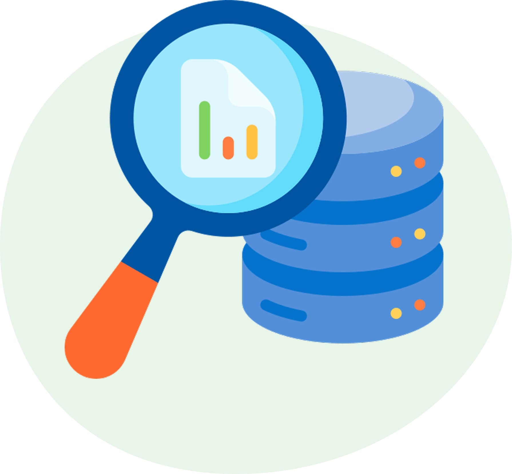 A magnifying glass inspecting a graph next to a stack of blue database servers.