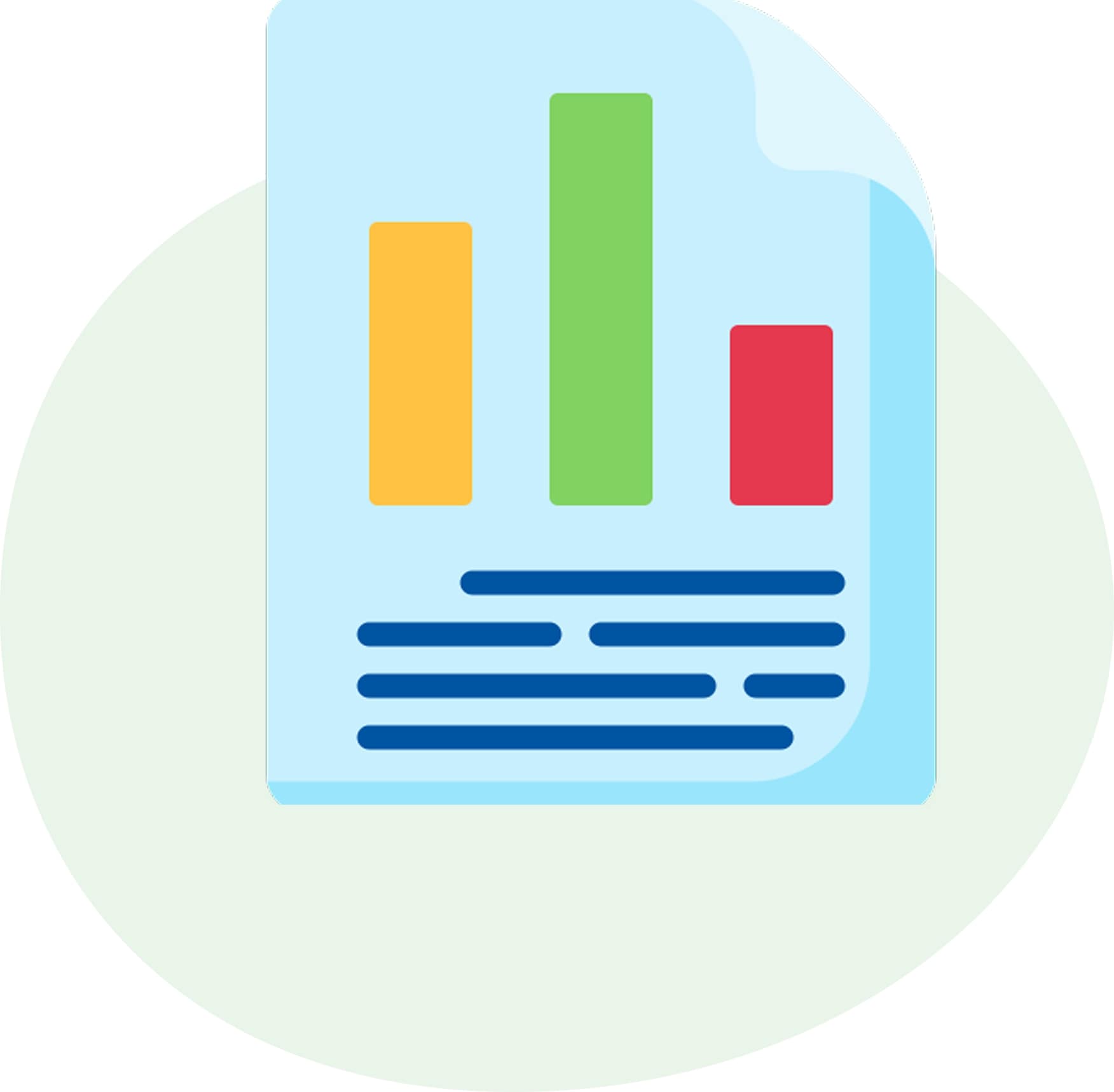 A blue paper document featuring a colorful bar chart and a lines of text.