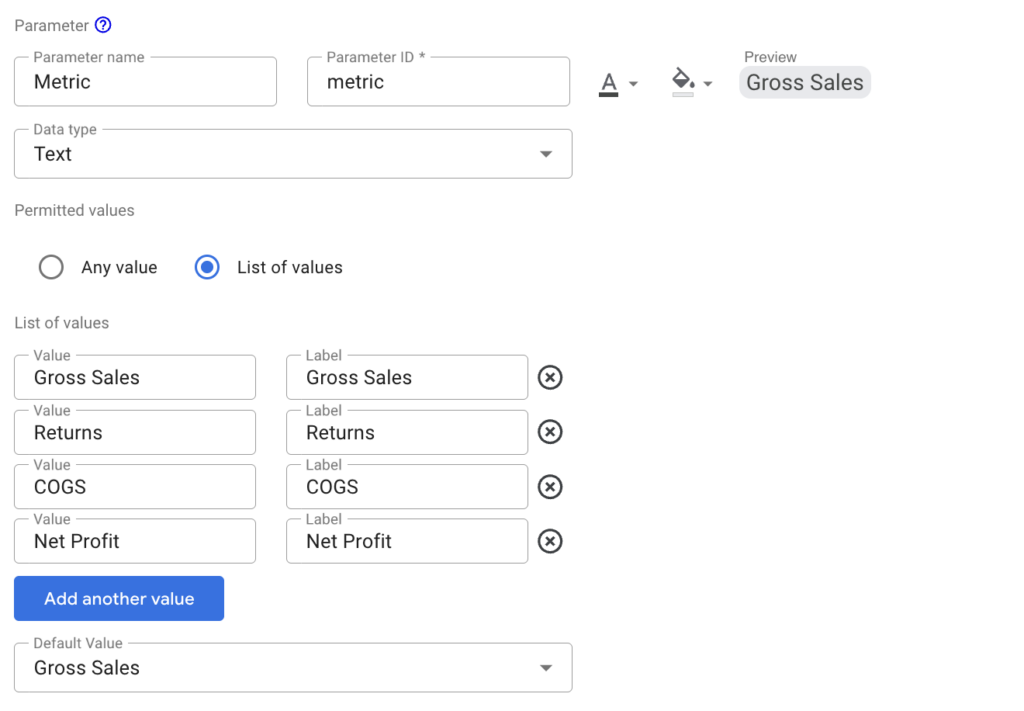 Parameter control containing multiple metrics
