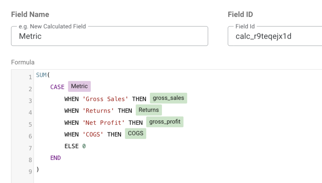 Calculated field that maps parameter values to metrics