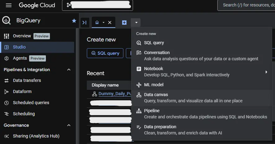 Opening a blank data canvas.