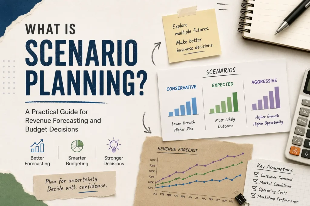 Illustrated cover showing scenario planning concepts with conservative, expected, and aggressive business scenarios alongside forecasting charts and budgeting visuals.