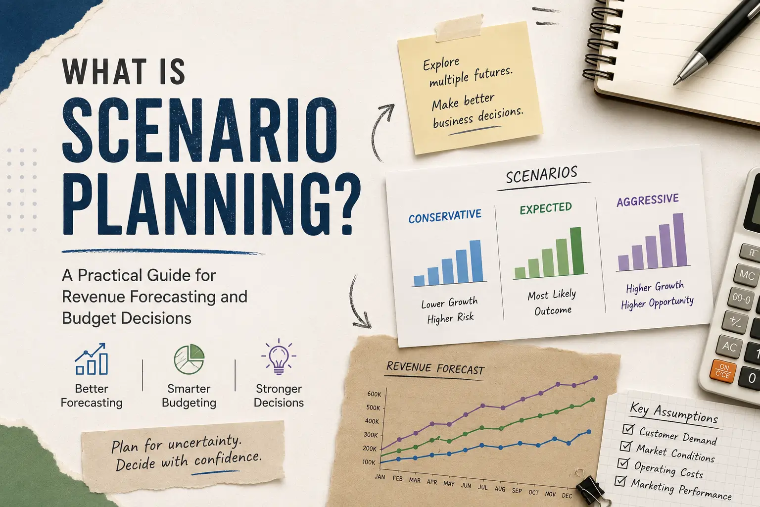 Illustrated cover showing scenario planning concepts with conservative, expected, and aggressive business scenarios alongside forecasting charts and budgeting visuals.