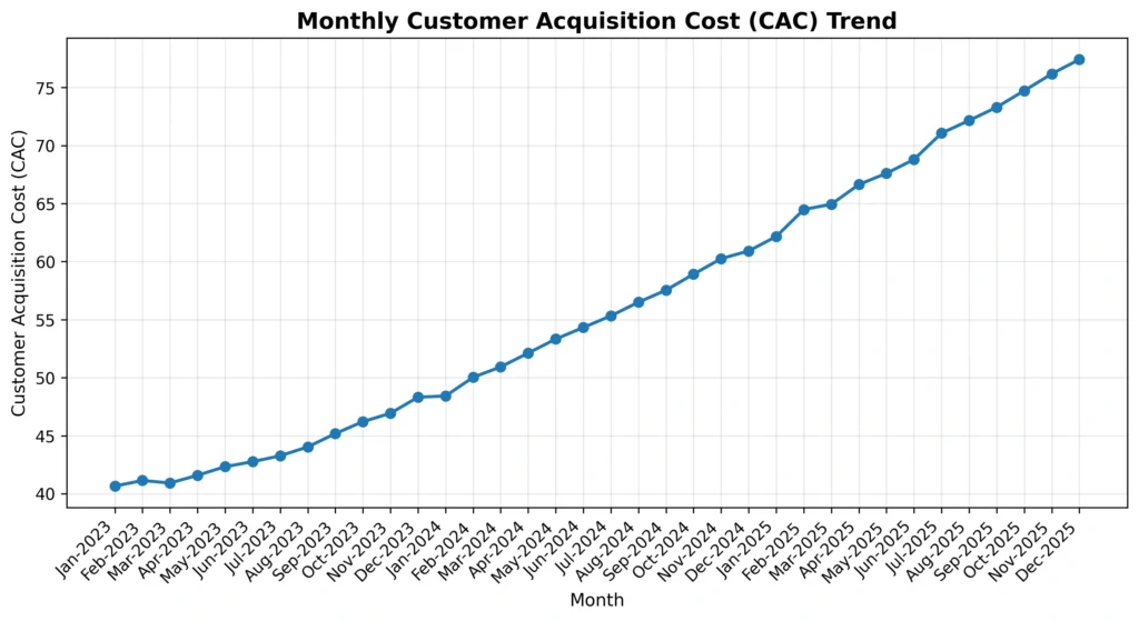 Line chart showing the monthly Customer Acquisition Cost (CAC) trend over the observed period using the dummy dataset.