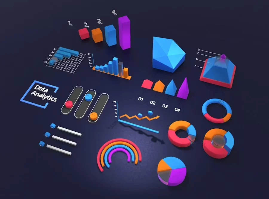 An illustration of various data visualization charts and graphs representing marketing analytics and business performance monitoring.