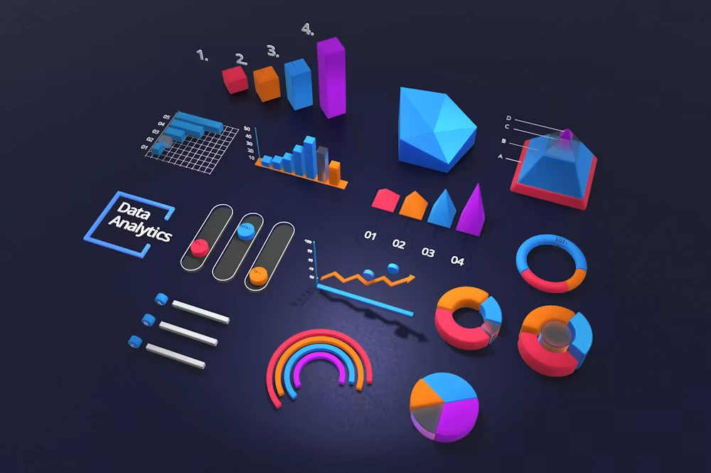 An illustration of various data visualization charts and graphs representing marketing analytics and business performance monitoring.