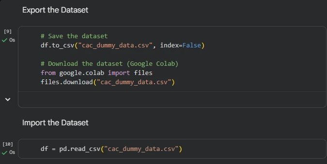 Screenshot of a Google Colab notebook showing the code used to export the dummy Customer Acquisition Cost (CAC) dataset as a CSV file and import it into Python for analysis.
