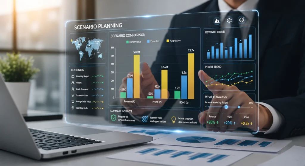 Business professional analyzing a scenario planning dashboard with revenue, profit, and marketing forecasts