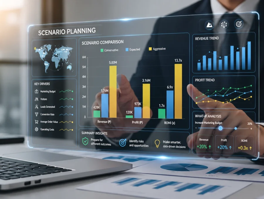 Business professional analyzing a scenario planning dashboard with revenue, profit, and marketing forecasts