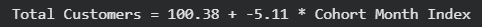 A screenshot of the output from the code showing the formula from the regression results, 100.38 - 5.11 (Cohort Month Index)