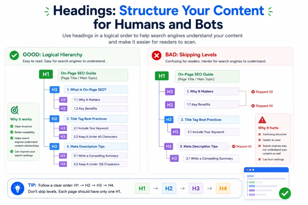 On-page SEO heading hierarchy diagram comparing proper H1, H2, and H3 structure with an incorrect heading layout that skips heading levels.