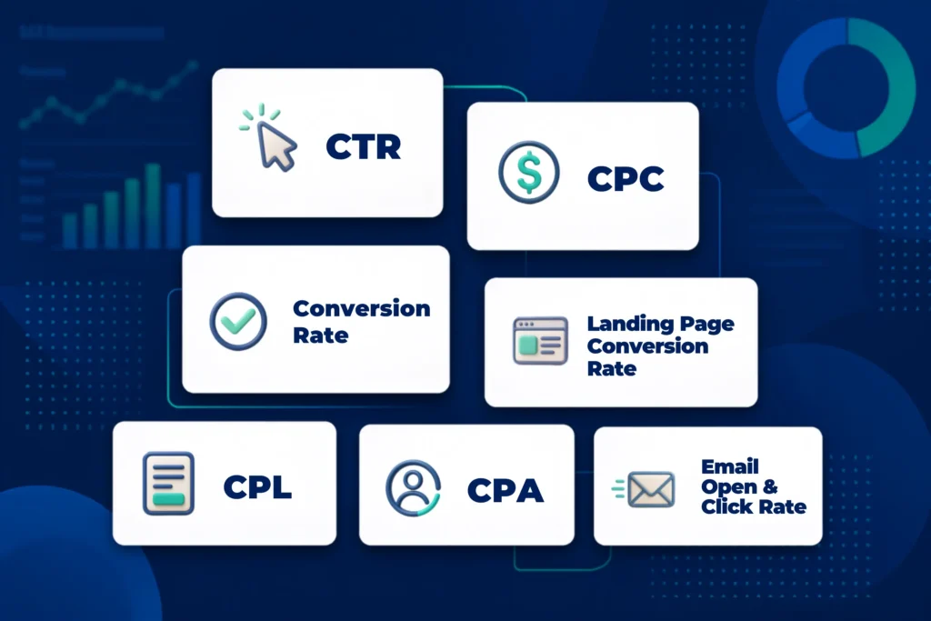 Infographic summarizing key marketing performance metrics including CTR, CPC, Conversion Rate, CPL, CPA, and Email Metrics.