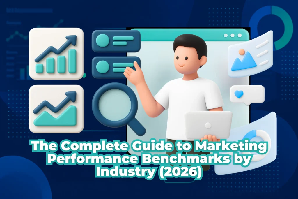 Cover illustration for a guide on marketing performance benchmarks featuring business analytics graphics.