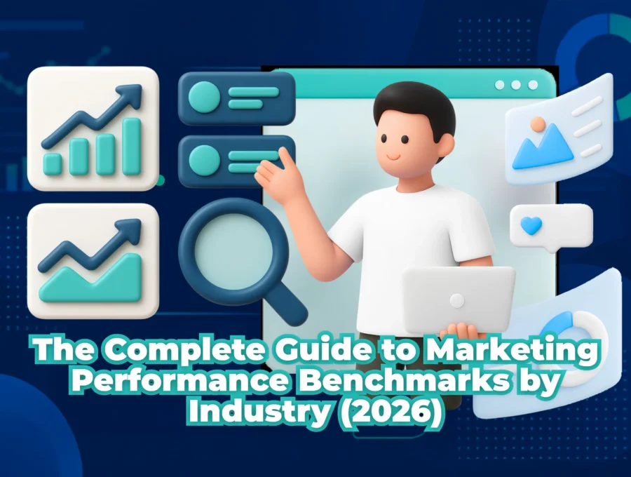 Cover illustration for a guide on marketing performance benchmarks featuring business analytics graphics.