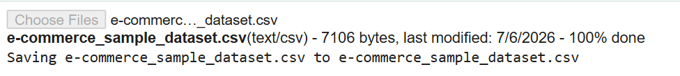 Google Collab interface showing the file upload prompt used to import the e-commerce transaction dataset.