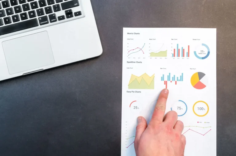 A business professional pointing at a printed analytics dashboard displaying charts and performance metrics beside a laptop on a desk.