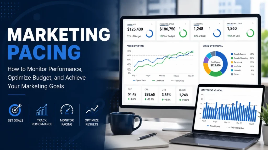 Illustration of a marketing pacing dashboard displaying campaign performance metrics, charts, and budget pacing analytics.