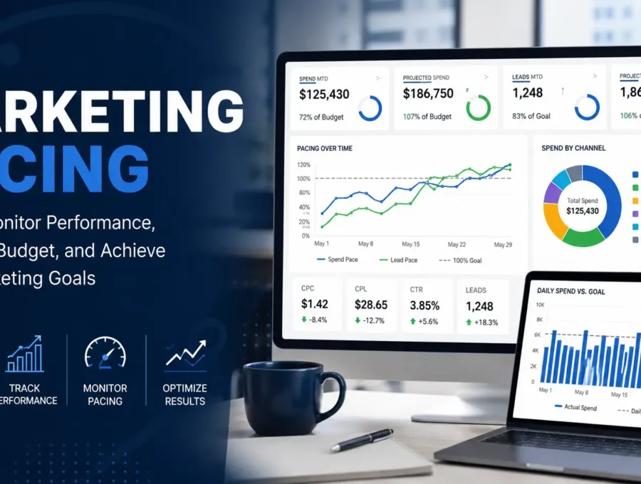 Illustration of a marketing pacing dashboard displaying campaign performance metrics, charts, and budget pacing analytics.