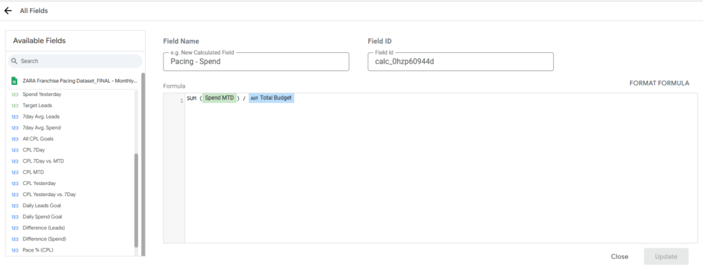Data Studio interface showing the creation of a calculated field for a marketing pacing metric using the monthly pacing dataset.